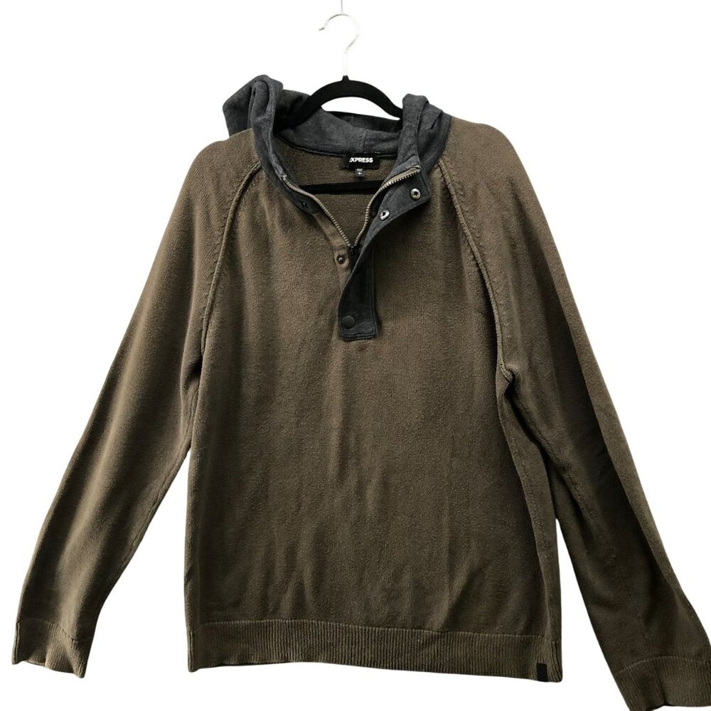 Express 1/4 Button Sweater Mens L Brown Hooded Cotton‎ Pullover